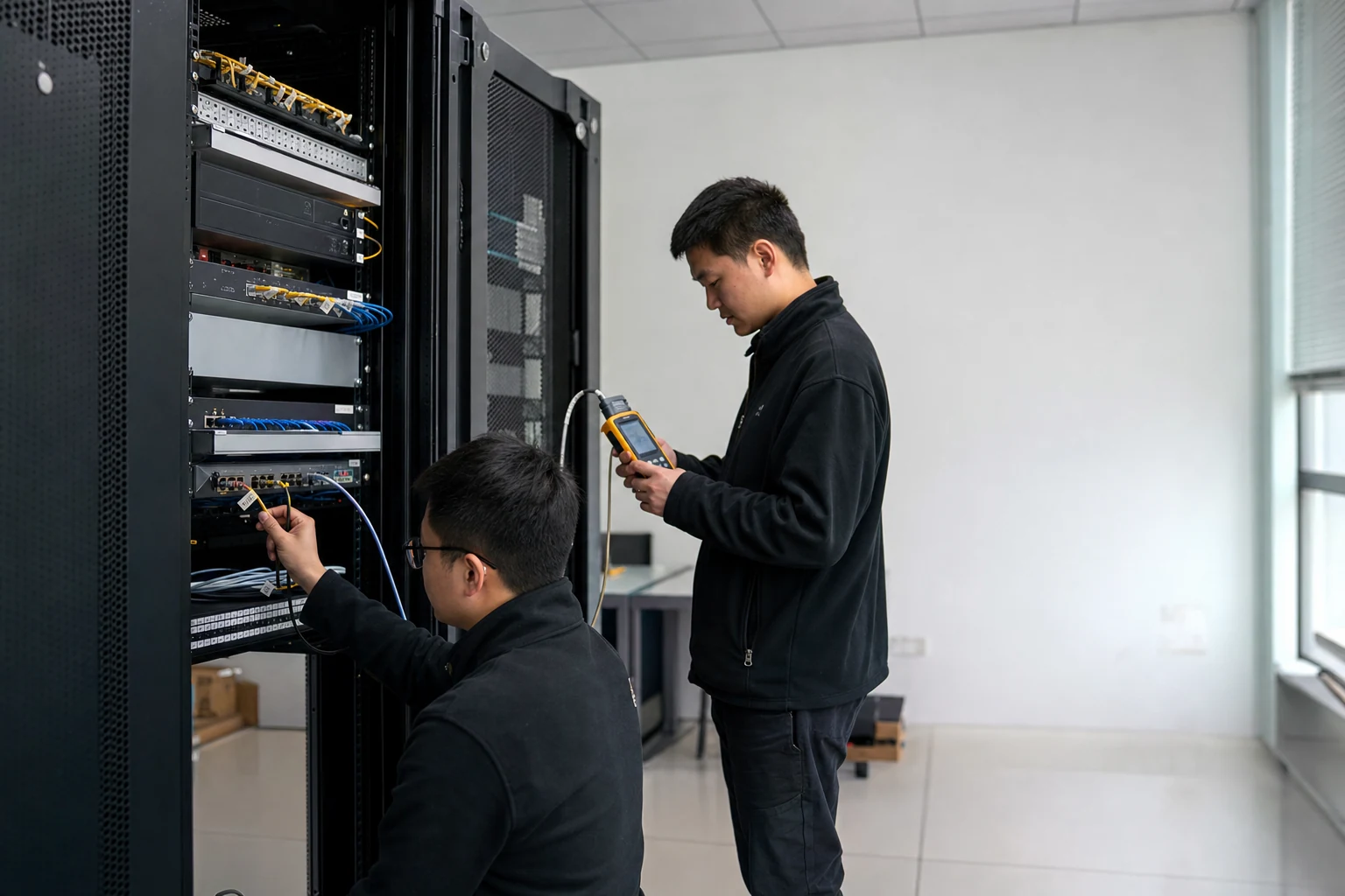 工程师在设备间开展业务平台一体化建设